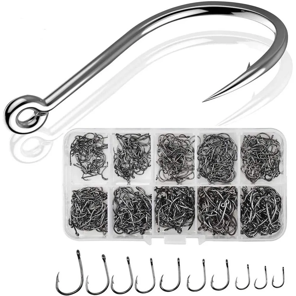 Barbed Hooks with Storage Box for Freshwater and Saltwater Fish Trackle, Circle Hooks, 3 #-12 #, 1000PCs