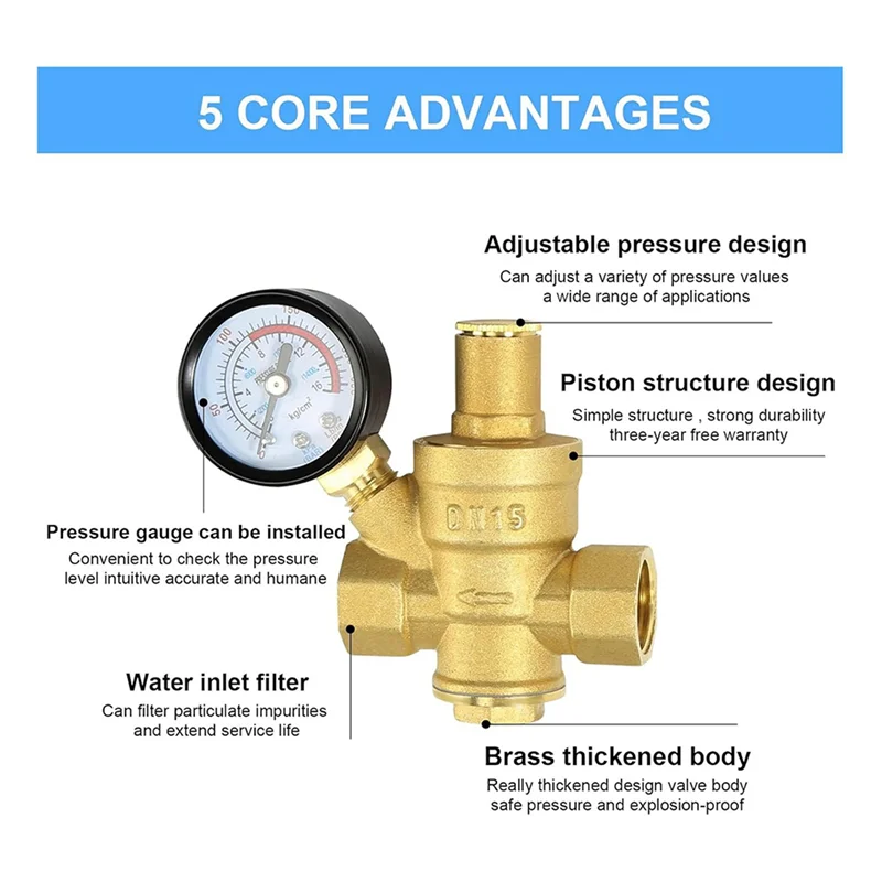 3X Water Pressure Regulator 1/2 Inch With Gauge, Hardness Brass, Adjustable Water Pressure Reducing Valve Water