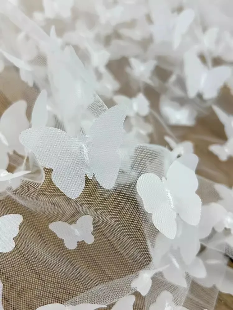 3D flying butterfly gauze material laser embroidery silver edge butterfly embroidery flower handmade diy wedding dress fabric