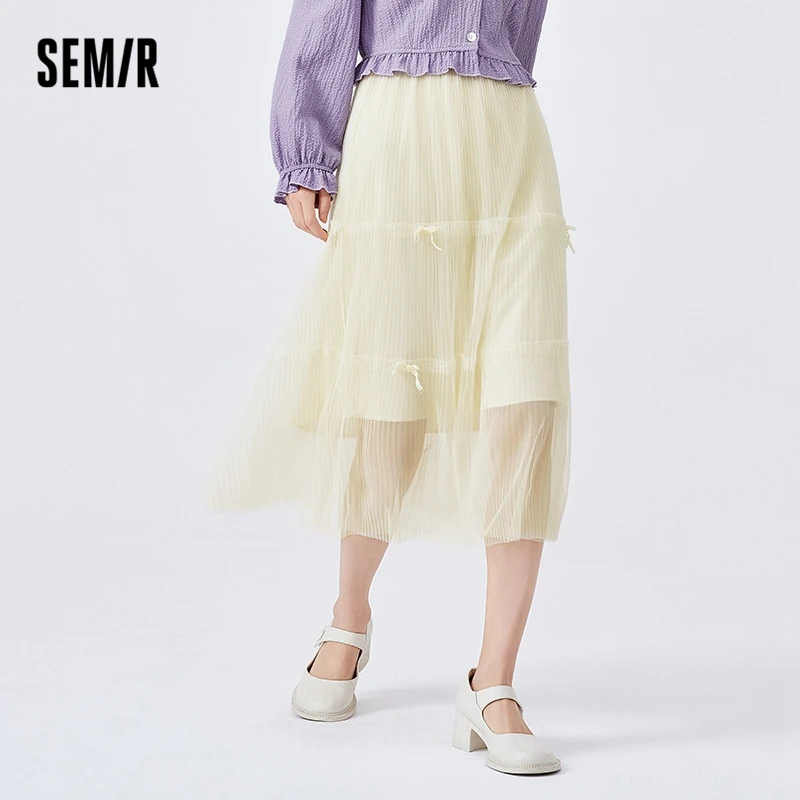 

Semir 2023 Women Skirt Autumn New Fairy Gauze Skirt Bow Texture Mid-length Umbrella Skirt Loose Sweet Skirt for Women