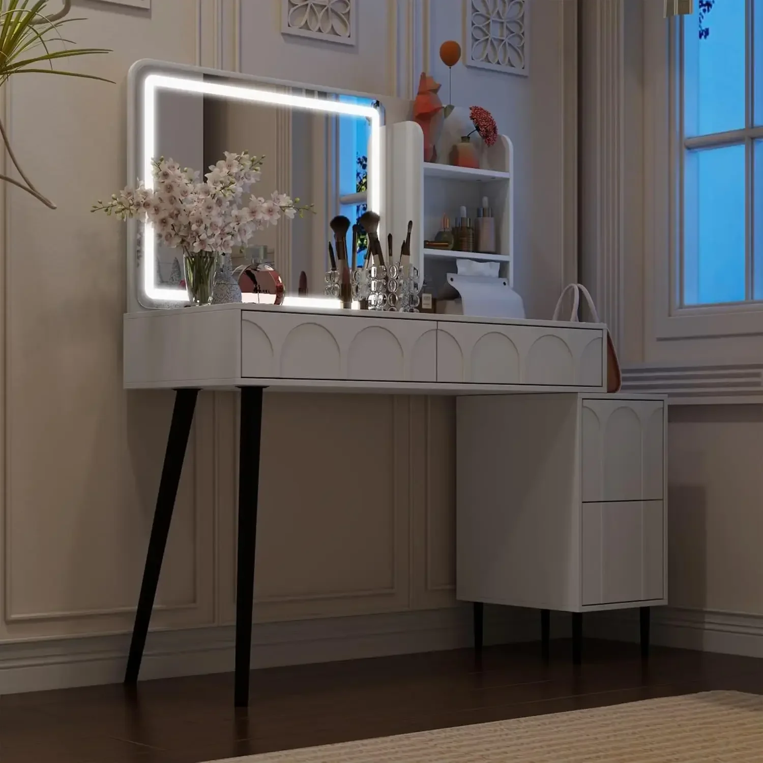 

A Beauty Organization Needs White French Modern Contemporary Glass MDF Vanity Desk Mirror And Lighting