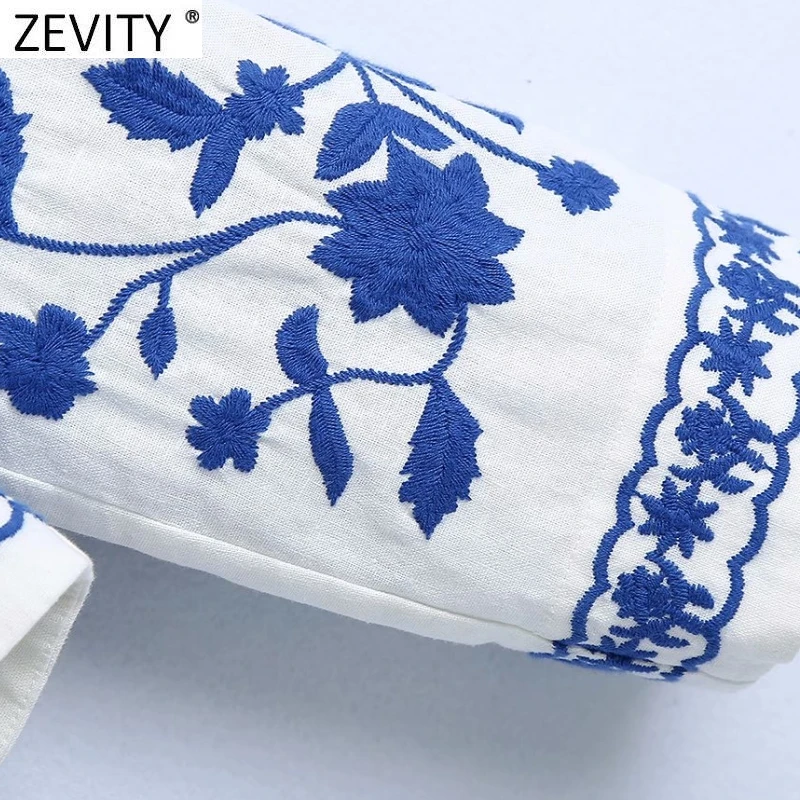 Zevity Women Vintage V Neck Blue and White Porcelain Embroidery Shirts Female Long Sleeve Kimono Blouse Roupas Chic Tops LS9193