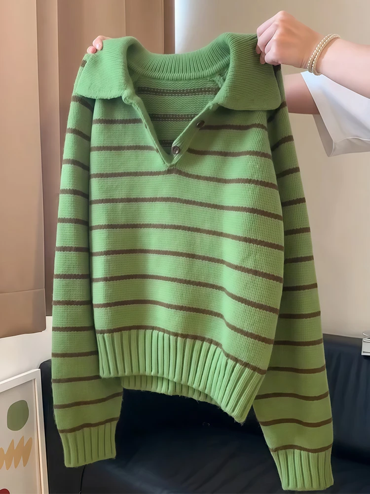 

Retro Striped Knit Sweater Women's Autumn Winter New Sle Korean College Sle Age Reduction Design Slimming Knitted Top