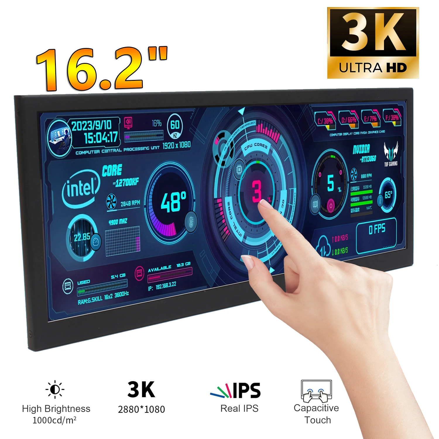 16.2' 2.8K Ultra-Wide Strip Touch Monitor 10-Point Touch Type-C/HDMI 8:3 W/ Dual Speakers
