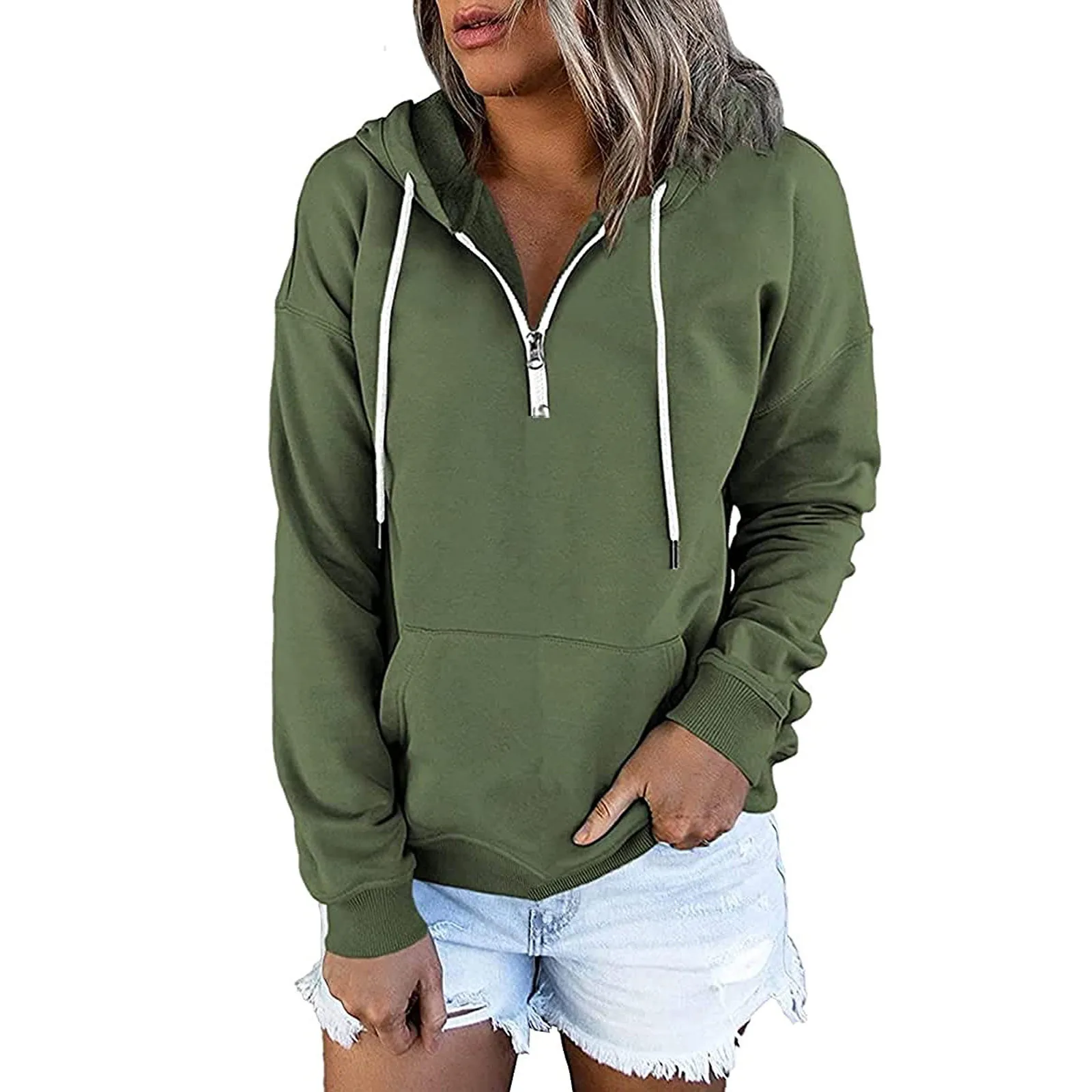 Pullover For Women\'s Button Down Hoodies Drawstring Hooded Pocket Casual Long Sleeve V Neck Sweatshirts Tops Sudadera Mujer