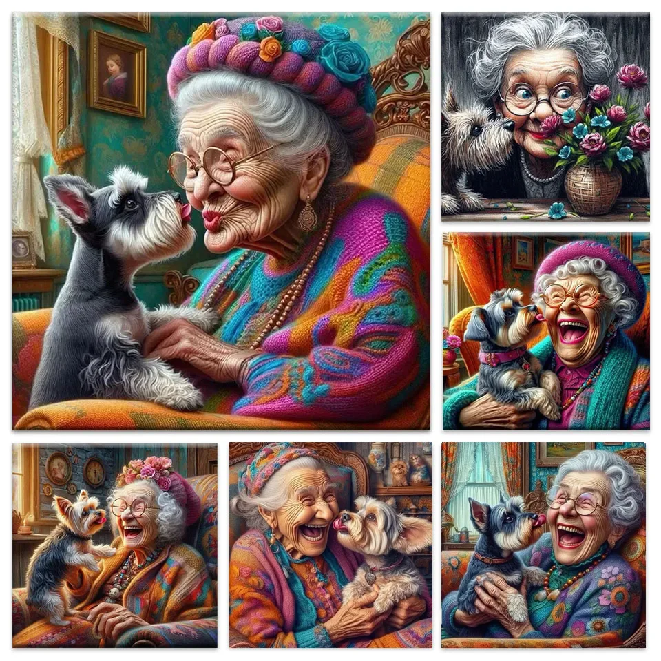 Funny Old Grandma And Cute Pet 5d Diy Diamond Painting Portrait Full Drill Diamond Embroidery Cartoon Picture Mosaic Home Decor