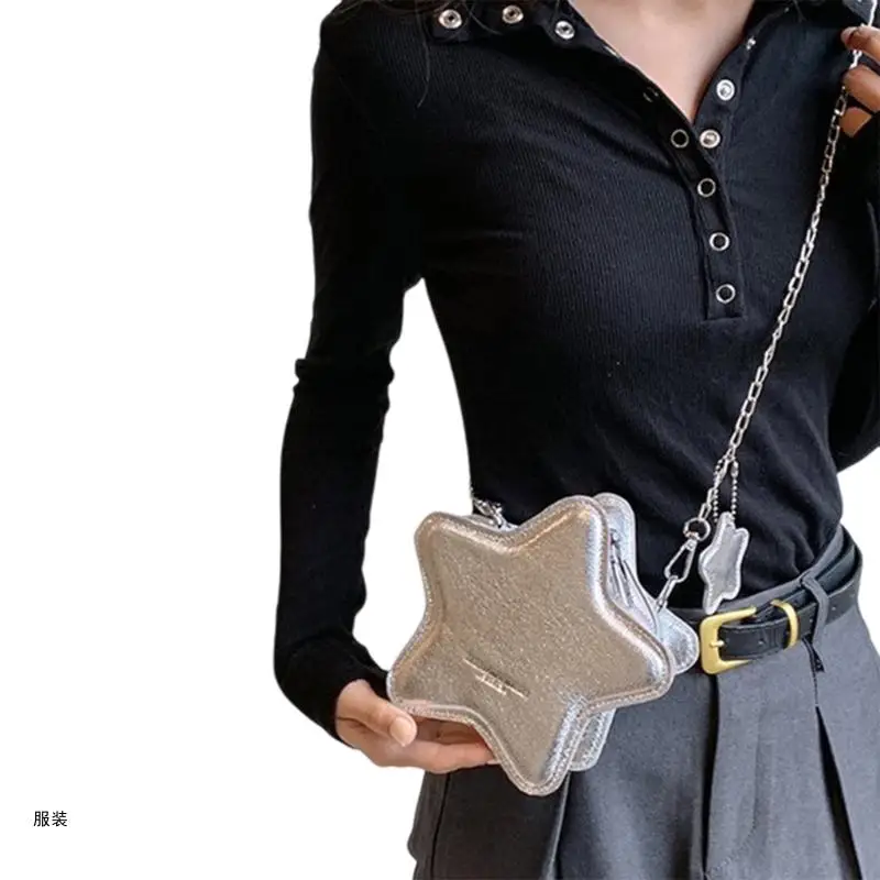 D0UD Bolso bandolera con forma estrella cuero PU metálico con bolso hombro con cadena Bolso pequeño