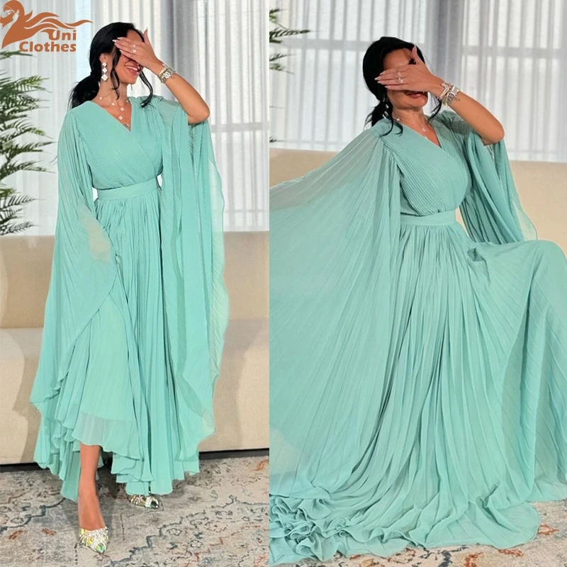 

Women V-neck Long Sleeve Straight Ruched Pleated Maxi Long Dress Dubai elegant swing chiffon pleated solid color robe MQ157