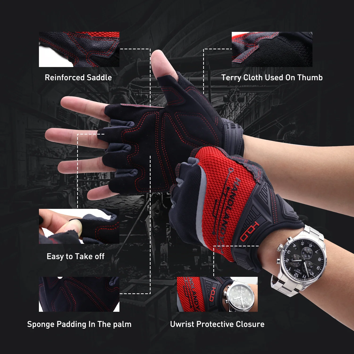 HANDLANDY Fingerless Work Gloves for Men Utility Half Finger Driving Cycling Working Gloves