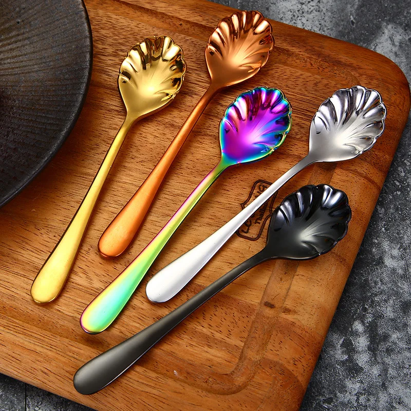 Creative Mini Milk Coffee Spoon Stainless Steel Shell Tiny Spoon Cake Ice Cream Candy Teaspoon Kitchen Accessories Honey Dipper