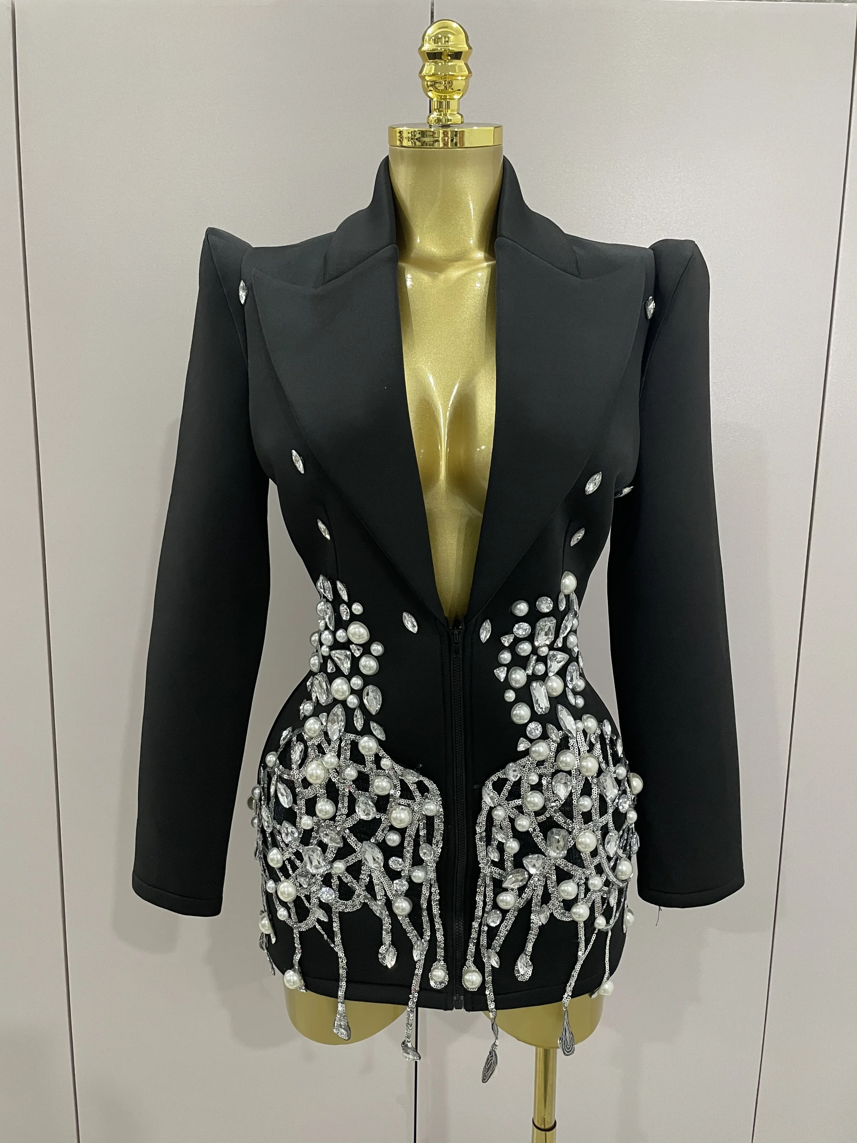 Sparkly kristallen kettingen parels mini-jurk met lange mouwen 2025, dames verjaardag avondfeest nachtclub outfit zanger bruiloft kostuum - afbeelding 1