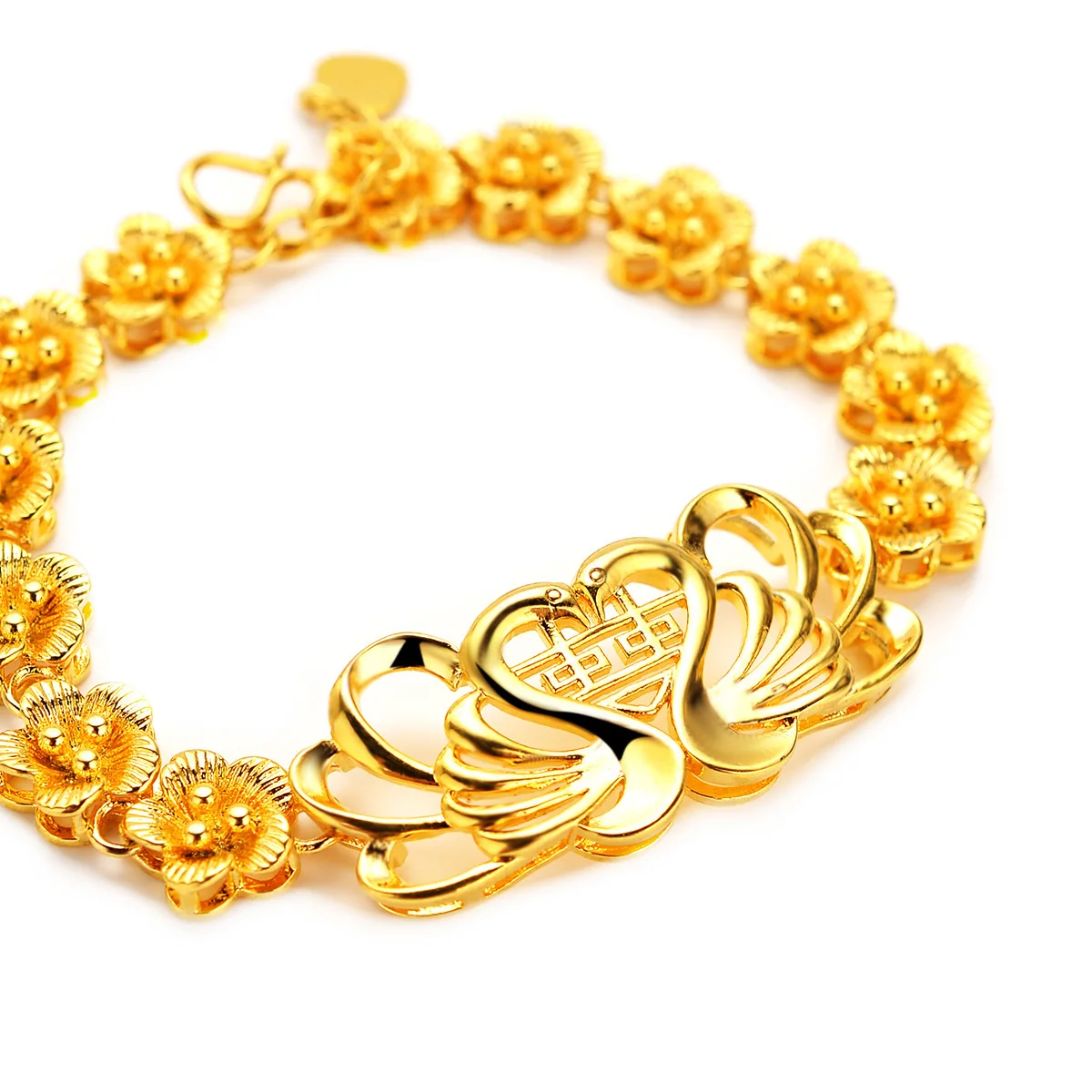 Noble AU999 gold ladies bracelet wedding gift double happiness mandarin duck flower bracelet 24K pure gold hand jewelry