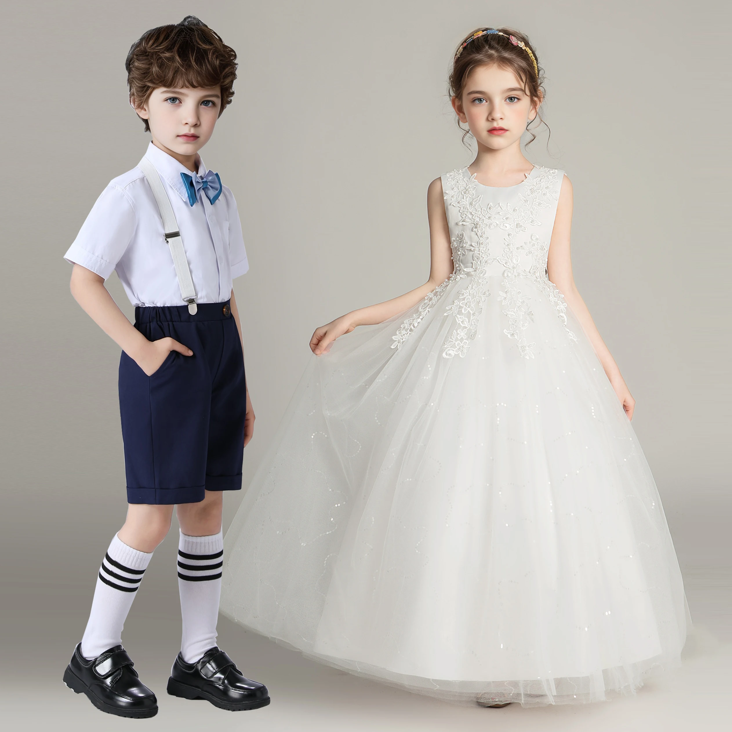 Kids Girl Princess White Long Dress Baby Girl Wedding Ceremony Party Gown Children Boy 2pcs Shirt+Pant Suit For Performance