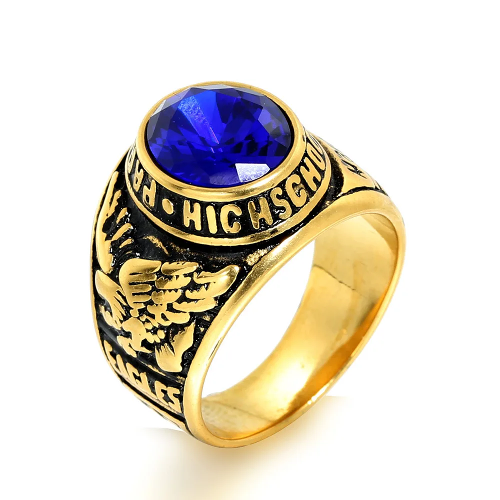 European And American Popular New Hand Jewelry Eagle Men\'s Military Ring Multi-color Sapphire Titanium Steel Ring