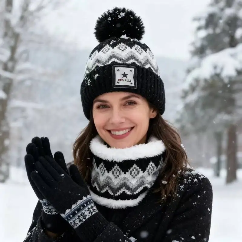 3pcs/set Winter Hats for Women Beanie Hat Scarf Gloves Set Womens Beanie with Scarf Neck Warmer Touchscreen Gloves