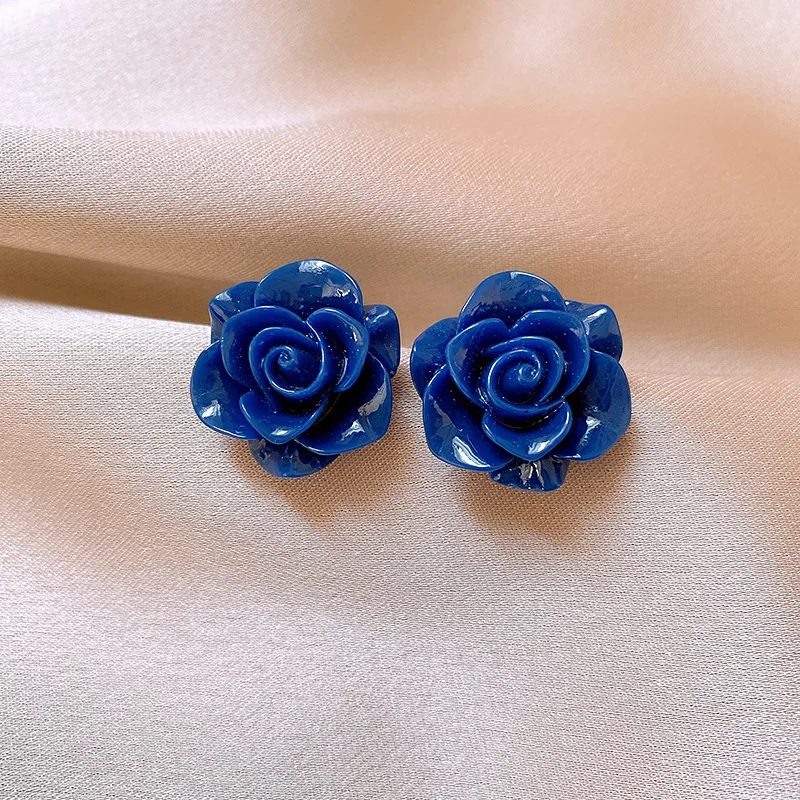 

Retro Blue Flower Earrings for Women Korean Fashion Floral Camellia Earring Statement Boho Party Beach Girls Ear Jewelry Gifts