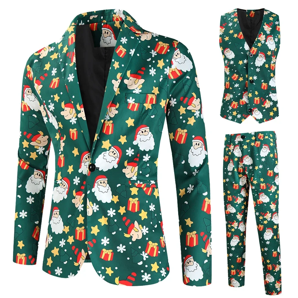 Fashion Christmas Prom Party Stage Costumes Men 3 Piece Sets Suit Jacket + Vest + Trousers Plus Size Xmas Printed Mens Clothing