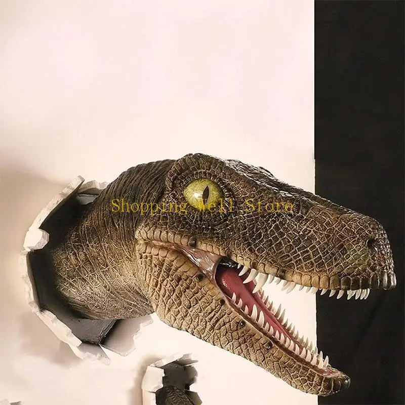 KX4B 3D Wall Mounted Dinosaur Bust Sculpture Realistic Wall-Broken Bursting Hanging Velociraptor Ornament Home Office Decor