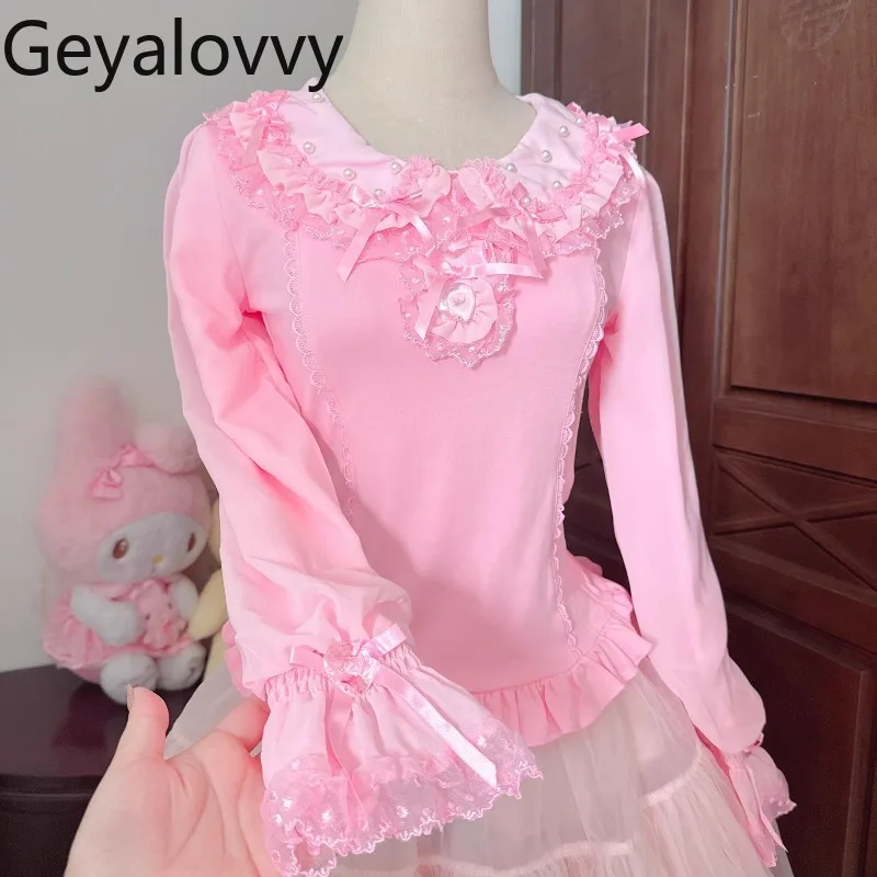 

Милая кукольная рубашка с воротником в стиле Лолиты и бантом, кружевная рубашка, весна-лето, новая милая блузка для девочек, универсальные однотонные утягивающие топы с длинными рукавами