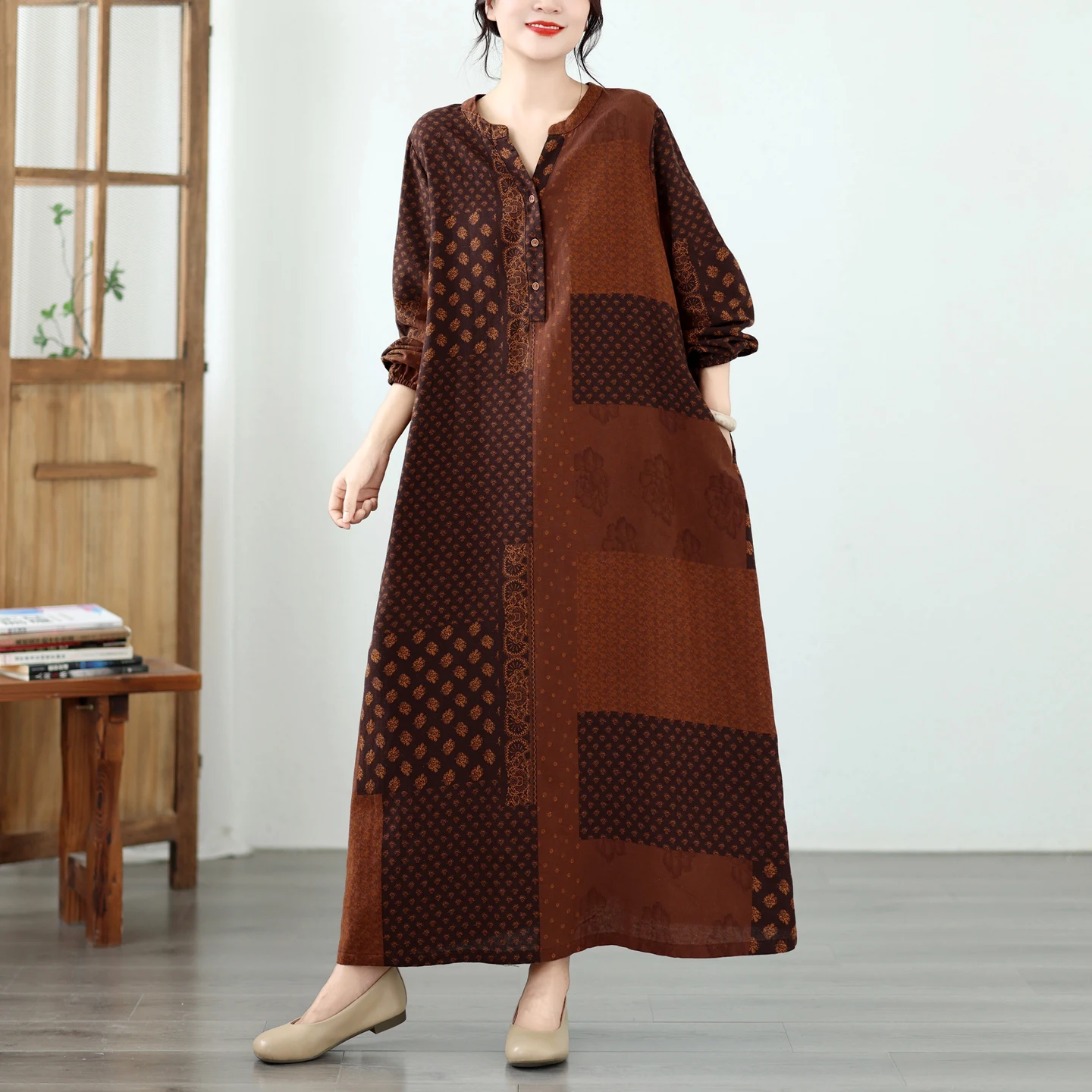 Artistic Vintage Print A-Line Dress Women's Loose Slimming Patchwork plus Size Cotton Blend Long Sleeve Autumn Citywalk Dress 2