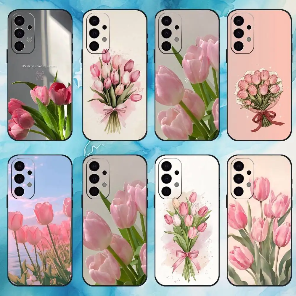 

Pink Tulip Flower Pattern Phone Case For Samsung Galaxy A73,A72,A71,A70,A53,A52,A51,Others Soft Black Cover