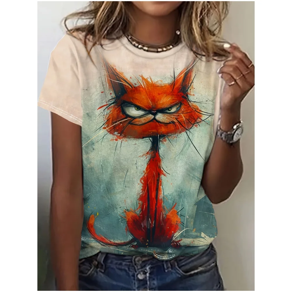 Women's T-Shirt Cat Print Design Harajuku Casual Short Sleeved Top Fashionable Trend Plus Size Women's Clothing