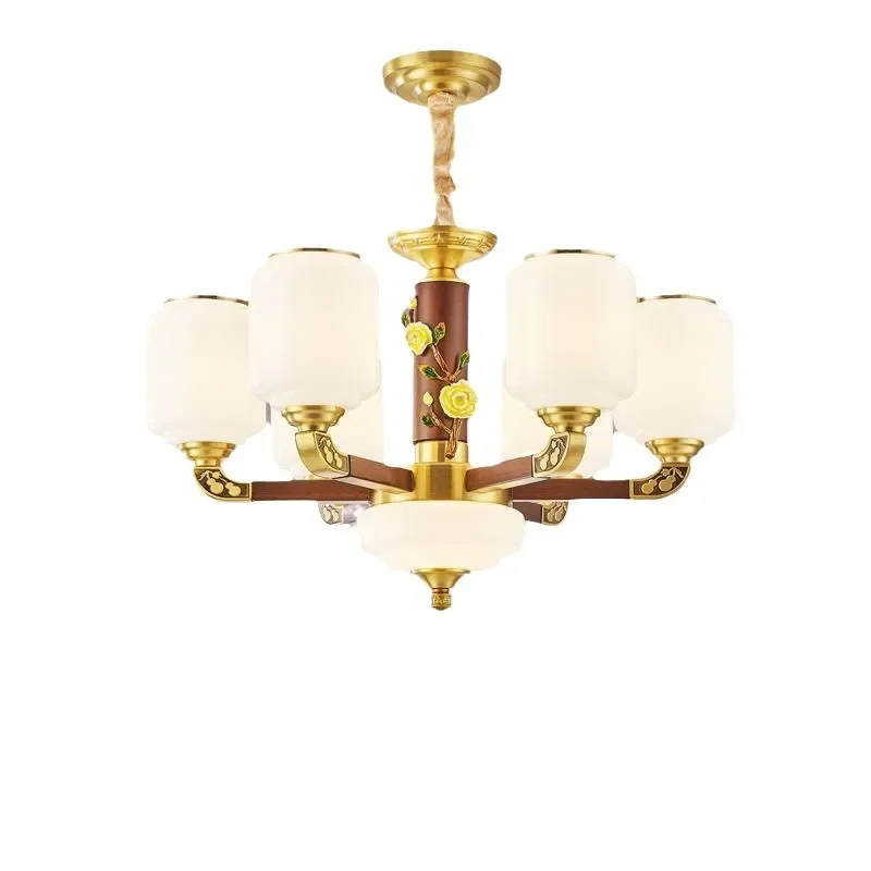 New Chinese Style Solid Wood and Copper Chandelier Simple Zen Lighting for Duplex Hotel Lobby High End Pendant Lamp