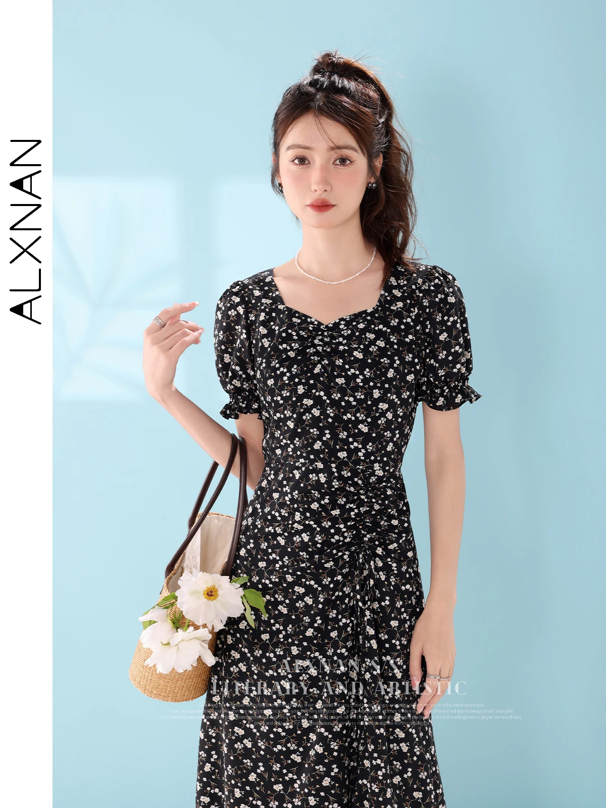 ALXNAN Frenchy Disty Floral Print Spaghetti Strap Dress Women 2024 Summer Elegant Chic Tie Waist Midi Slip Dresses LXN28720