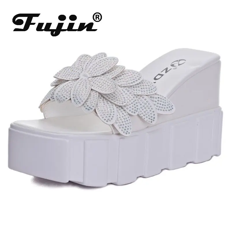 

Fujin 10cm PU Luxury Elegance Slip on Novelty Shoes Appliques Fashion Summer Ethnic Women Platform Wedge Sandals Ladies Slippers