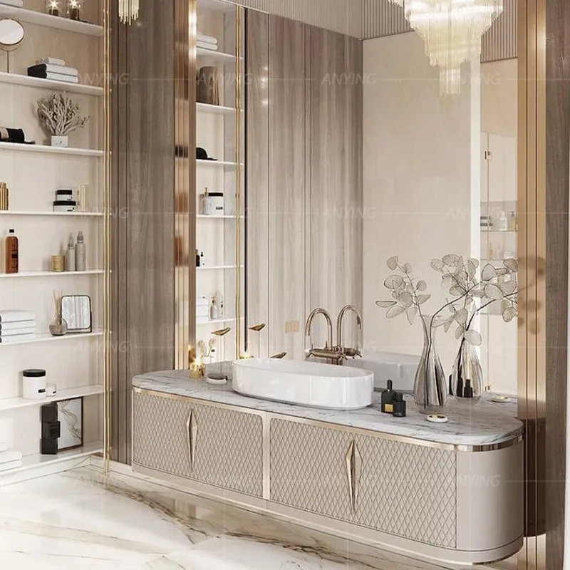High-end Custom Bathroom Cabinet French Light Luxury Solid Wood Washing Table Cream Wind Bathroom Wash Basin Combination