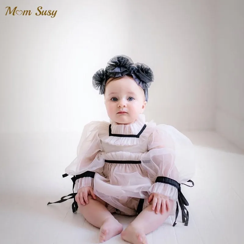 Baby Girl Princess Lace Puff Sleeve Romper Infant Toddler Long Sleeve Tutu Jumpsuit Party Pageant Baptism Baby Clothes 1-7Y