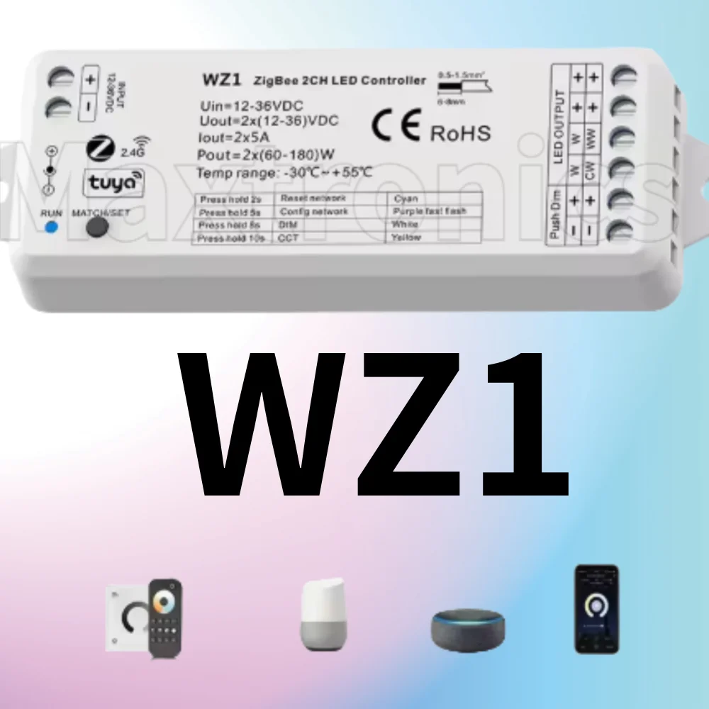 

2-канальный контроллер одноцветной светодиодной ленты CCT WZ1 ZigBee 3.0 и RF 2 CH12-36V Tuya APP Cloud Wireless Remote Control