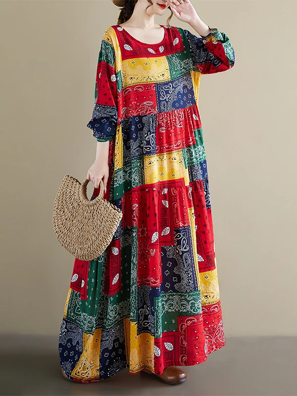 Gaun Maxi Motif Leopard Kasual untuk Wanita Ukuran Plus, Longgar, Lengan Panjang, Kerah Bulat, Cocok untuk Musim Panas, Gugur, Jalan-Jalan, Liburan