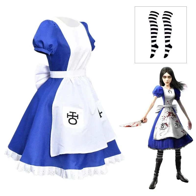 Game Alice Madness Returns Cosplay Costume Halloween Maid Dresses Apron Dress And Socks Women Anime Girl Carnival Party Dres B12