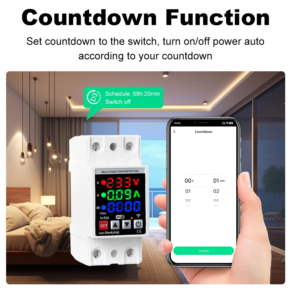 MANHOT Smart WiFi Leistungsschalter 2P 63A mit Leck-, Temperatur-, Spannungs- und Stromschutz, Energiezähler, kompatibel mit Tuya Alexa – Detail 8