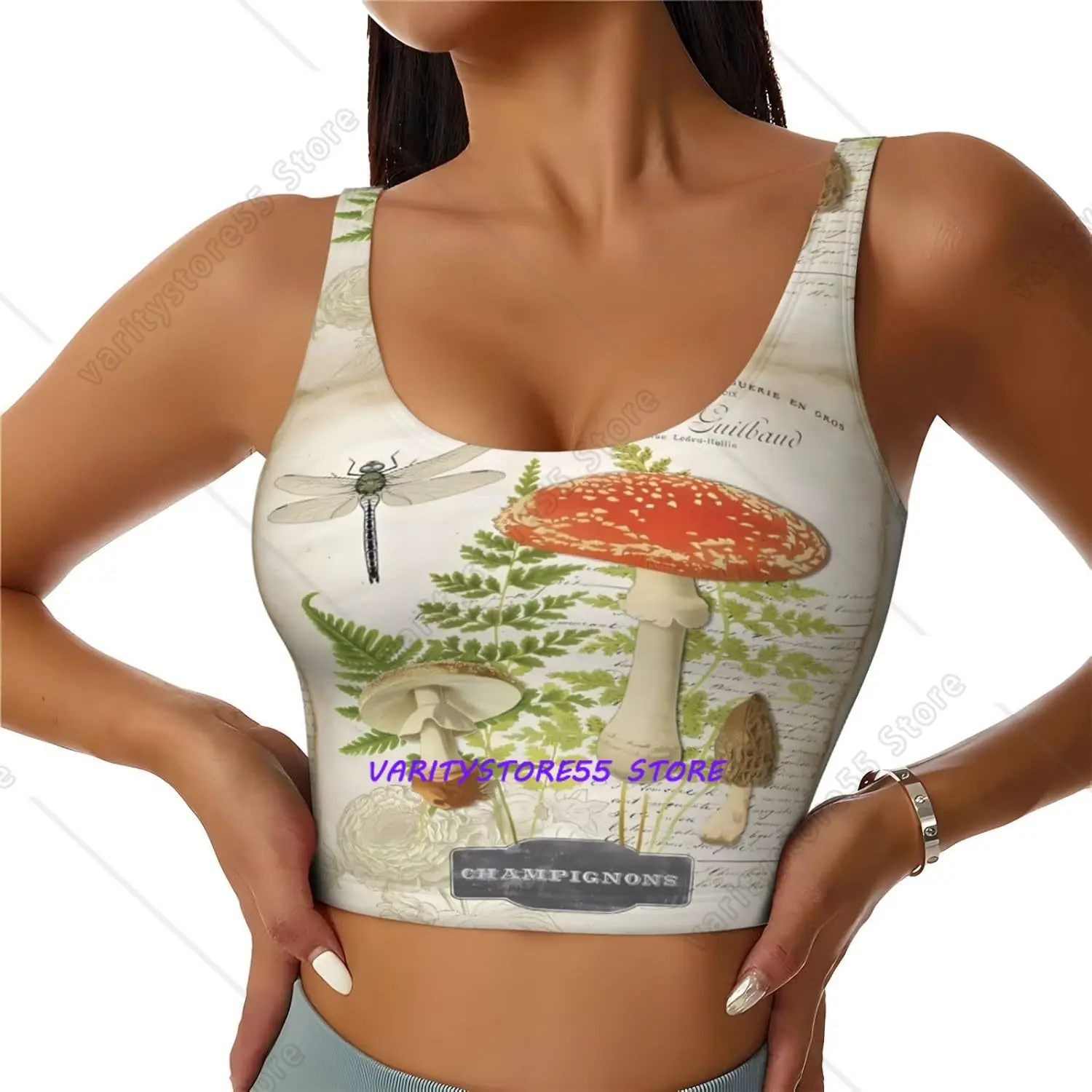 Retro Mushroom Women's Sports Bra Yoga Crop Gym Tank Tops U Back Exercise Workout Top Removable Pads Fitness Outfit Sleeveless