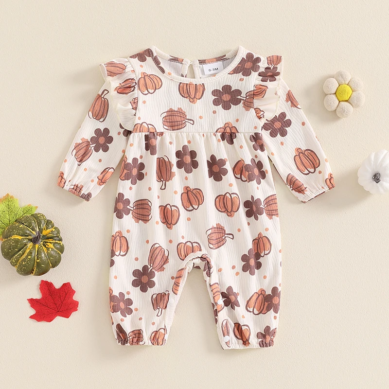 2024-06-13 Lioraitiin 0-18M Baby Girl Halloween Ruffle Romper Pumpkin Flower Print Long Sleeve Full Length Jumpsuit for Fall