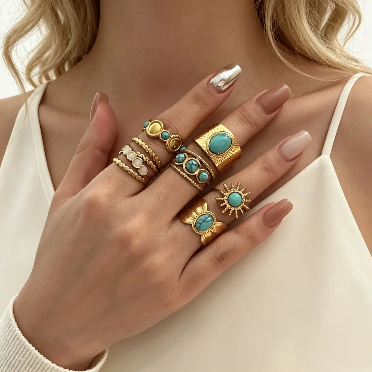 Edelstahl Blau Naturstein Geometrische Fingerringe für Damen und Herren Französischer Vintage Sonnenblumen-Blatt Runder Ovaler Ring Schmuck – Detail 5
