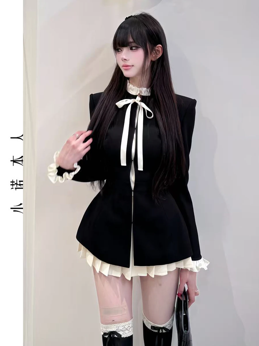 

Color Blo High Waist Pleated Skirt Set with Stand Collar Jaet Slimming Effect College Sle Faionable Women's Ensemble