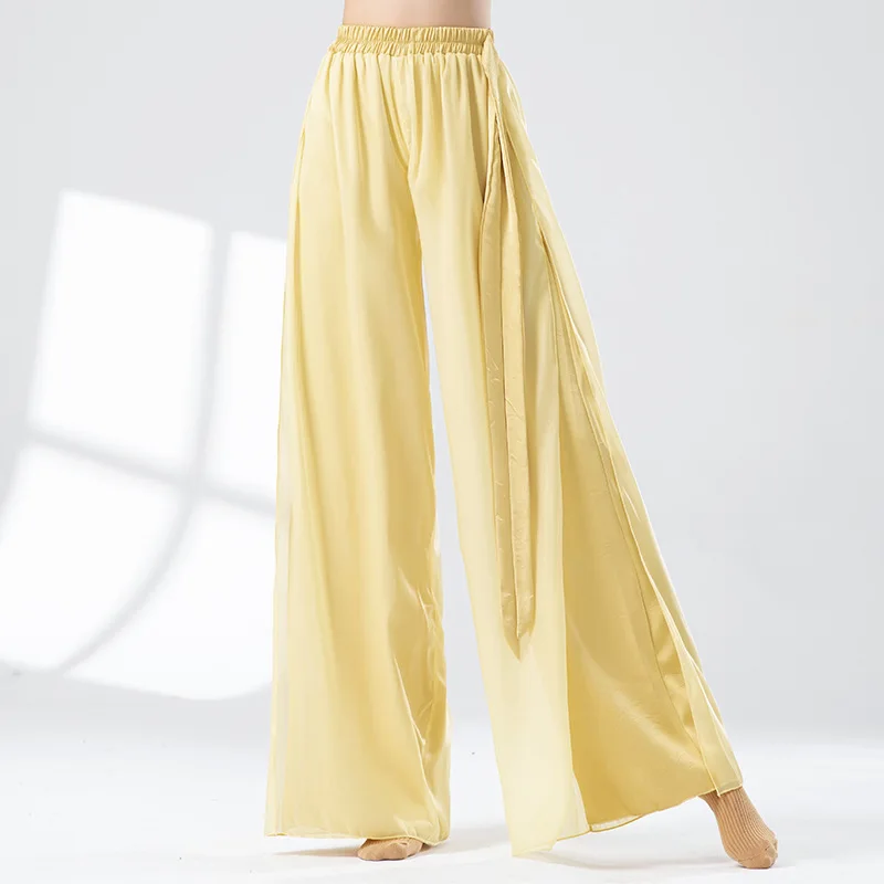 Classical Dance Pants Loose Chiffon Skirt for Women Double-layer Patchwork Ethereal and Flowing with Ribbons Wide-leg Pants