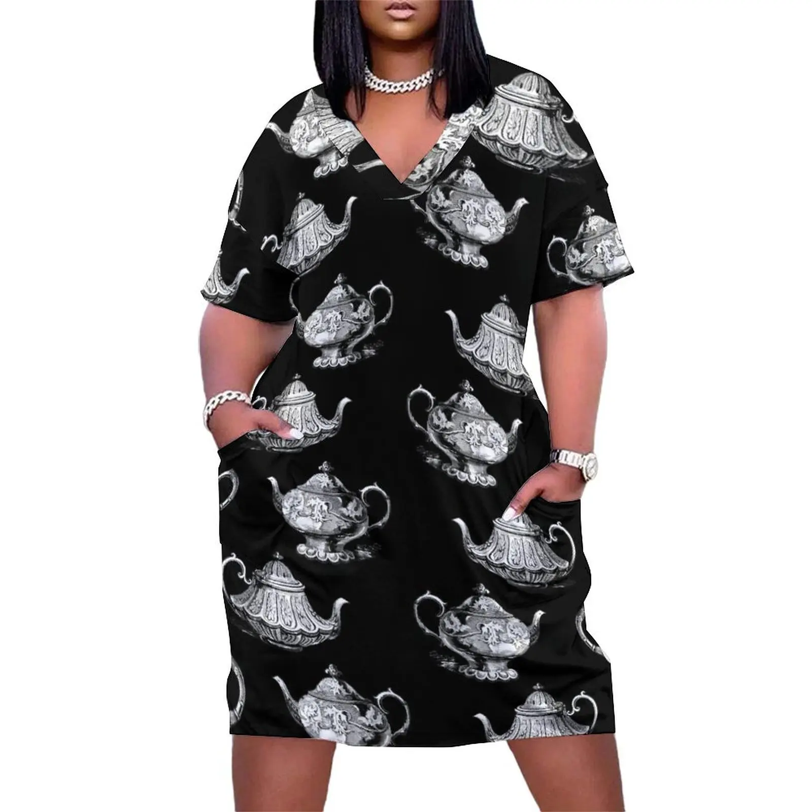 

Vintage Teapots on Black Loose Pocket Dress Summer skirt Clothing luxury dress cocktail dresses