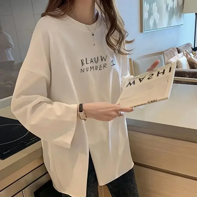 Autumn Women Long Sleeve O-Neck Side Split T-Shirts Harajuku letter print Tees Casual Oversized T Shirt Femme Top Y2k Streetwear