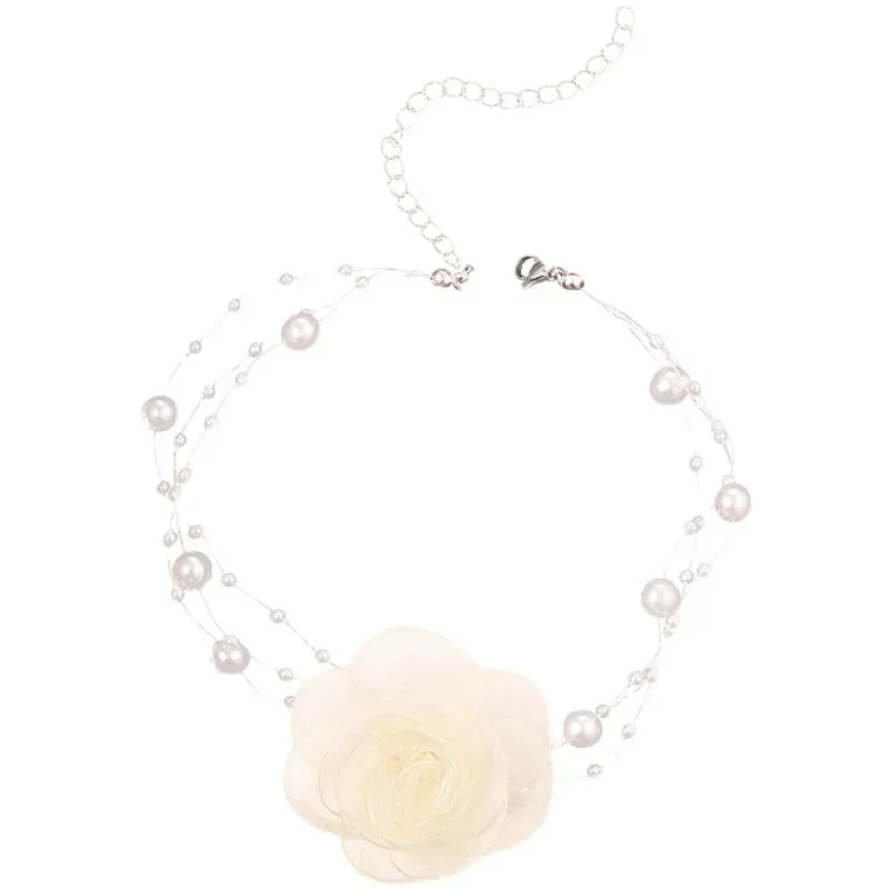 Beautiful Lace Flower Choker Necklaces Simulated Pearl Chain Elegant Camellia Necklaces Women Fashion Jewelry