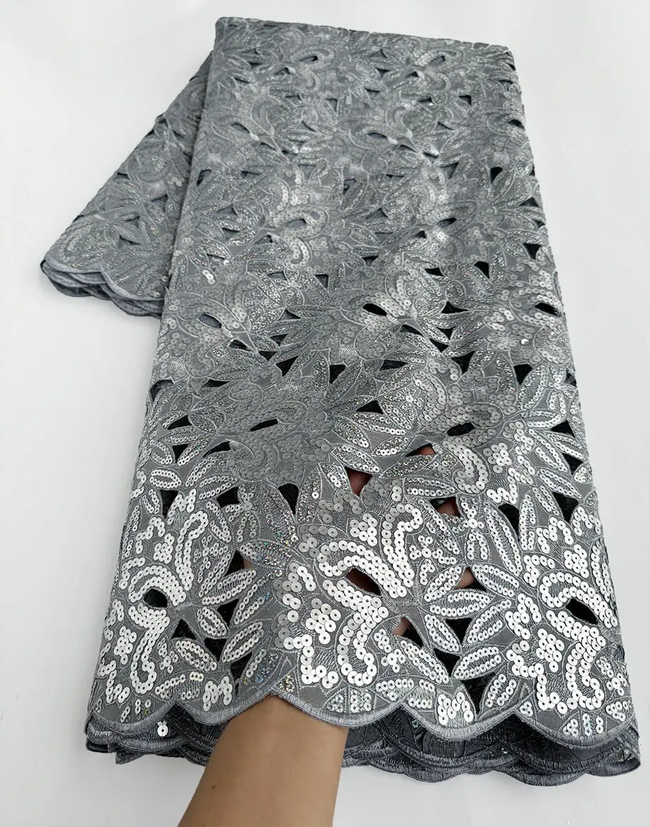 Holed Embroidery African Handcut Silver Organza Lace with All Sequins Traditional Sewing Events Dress Nigerian Garment Cloth