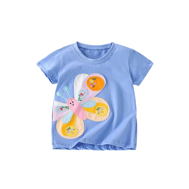 Springen Meter 2-7T Meisjes T-shirts Zomer Kinderkleding Korte Mouw Kids Tees Tops Baby vlinder Applique Shirts