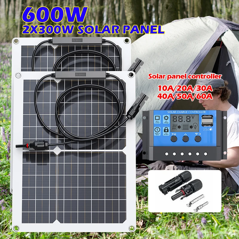 600W Flexibles Solarpanel 12V 18V Batterieladegerät Dual USB mit 10 100A Controller Solarzellen Powerbank für Handy Auto Yacht Wohnmobil