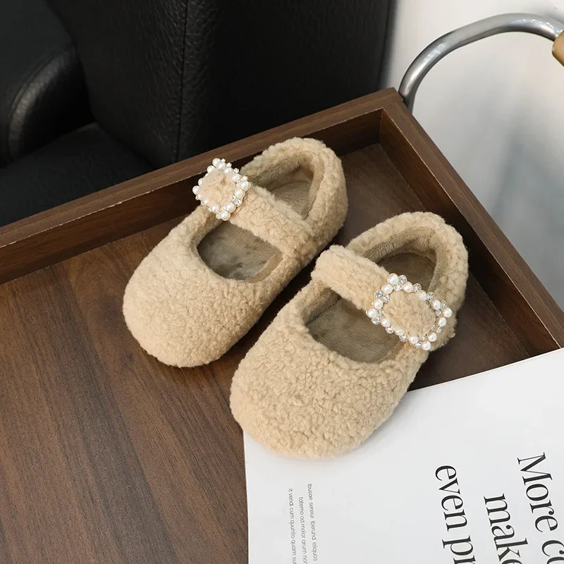 Girls Cotton Shoes Simple Trend Kids' Winter Shoes Rhinestone Buckle Children Fashion Furry Hairy Causal Flat Shoes Hook Loop