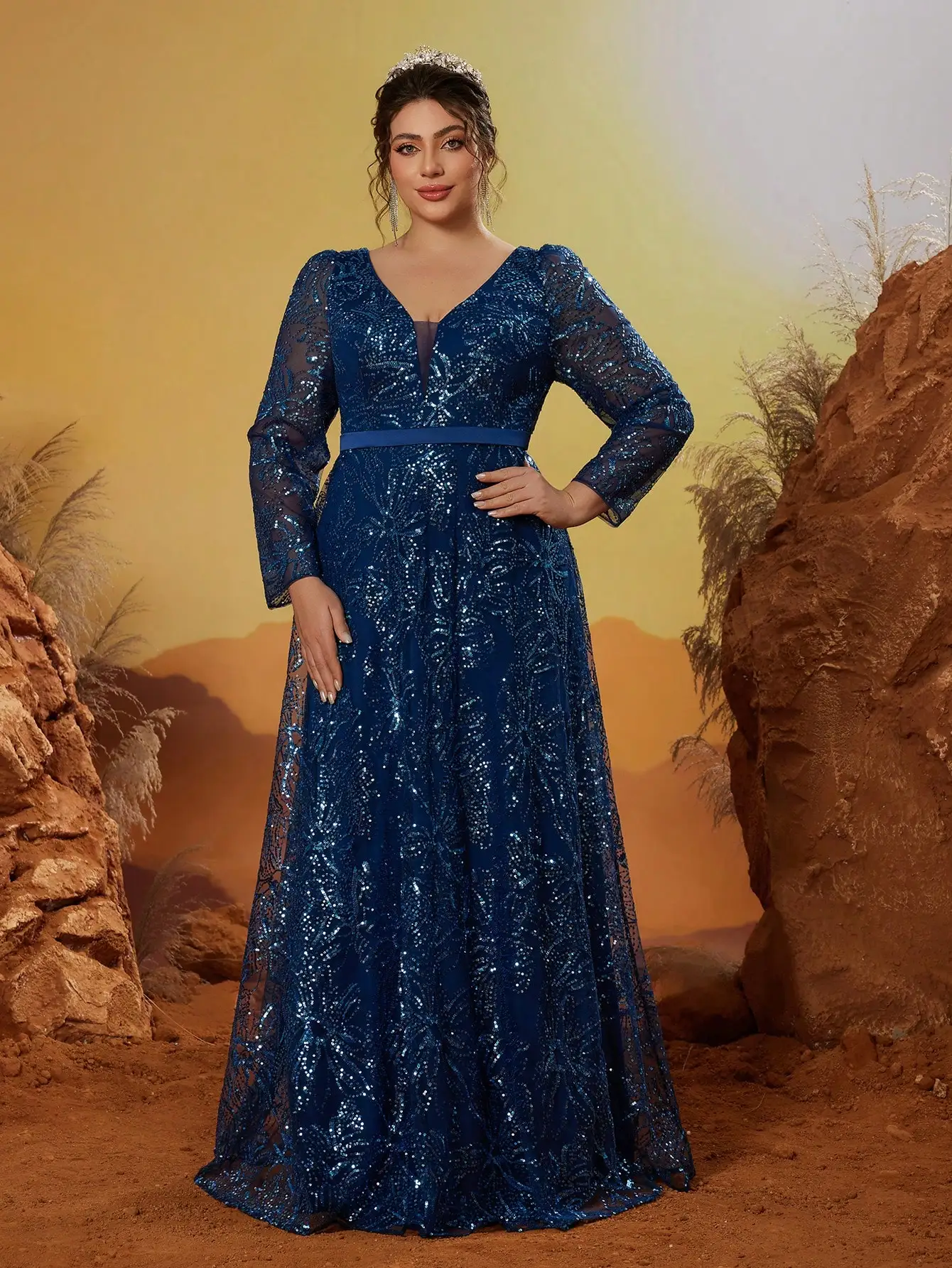 Mgiacy V-neck embroidered sequined long-sleeved, wide-swing high-end evening dress