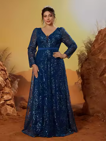 Mgiacy V-neck embroidered sequined long-sleeved, wide-swing high-end evening dress