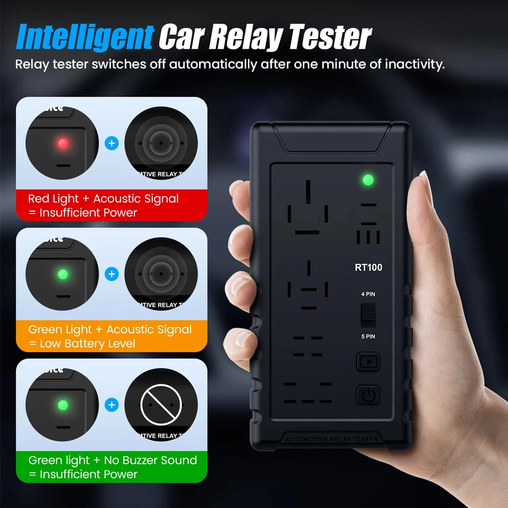 RT100 Automotive Relay Tester 12V 24V Support 5 Configuration Type Super 4Pin 5Pin Battery Voltage Recognition Diagnostic Tool
